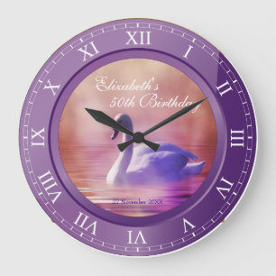Grande Horloge Ronde Élégant Anniversaire Blanc Cygne pourpre Améthyste