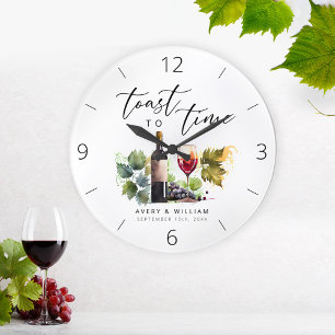 Grande Horloge Ronde Elégant Aquarelle Vin Thème Couple Noms
