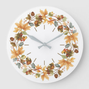 Grande Horloge Ronde Elegant Autumn Botanical Wreath Watercolor clock