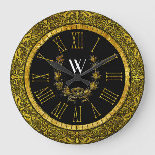 Grande Horloge Ronde Elegant Baroque Gold Wreath Monogram