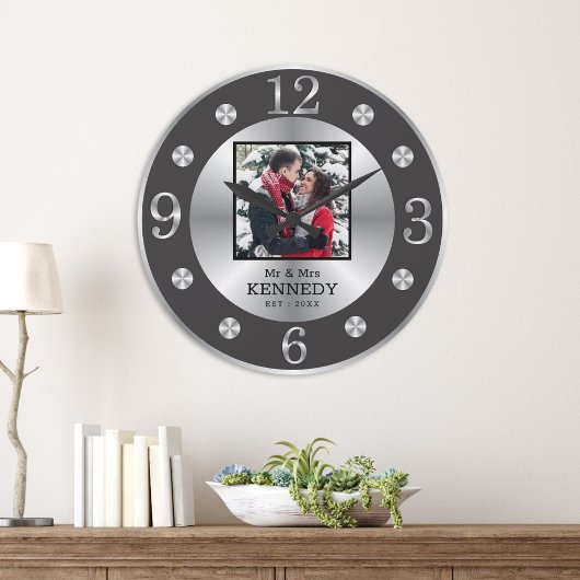 Grande Horloge Ronde Elegant Black And Silver Custom Nom Photo Wedding