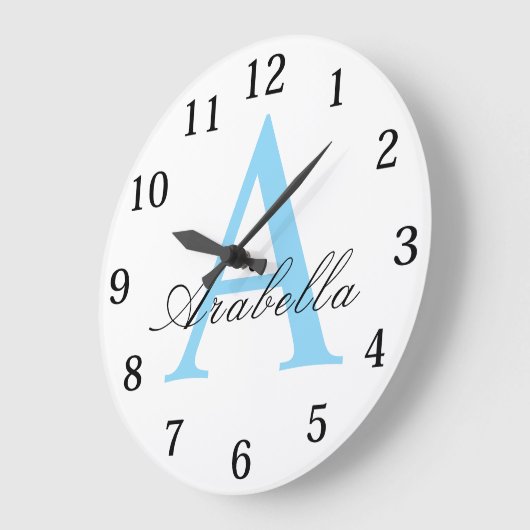 Grande Horloge Ronde Elegant Black Blue Personalized Monogram Name (Angle)