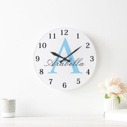 Grande Horloge Ronde Elegant Black Blue Personalized Monogram Name (Maison)