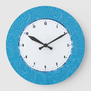 Grande Horloge Ronde Élégant bleu embouti de Damas florales