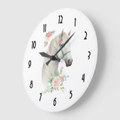 Grande Horloge Ronde Élégant Boho Cheval Blanc Floral (Angle)