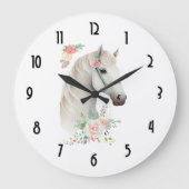 Grande Horloge Ronde Élégant Boho Cheval Blanc Floral (Recto)