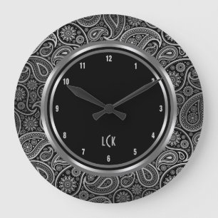 Grande Horloge Ronde Elégant Cadre Cercle Paisley Noir Et Argent