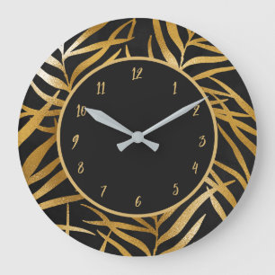 Grande Horloge Ronde Elégant Chic Black Gold Parties scintillant Feuill