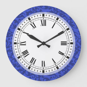 Grande Horloge Ronde Élégant Cobalt Blue Damask Scrolls