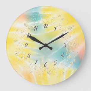 Grande Horloge Ronde Elégant Confetti Jaune Tie Dye