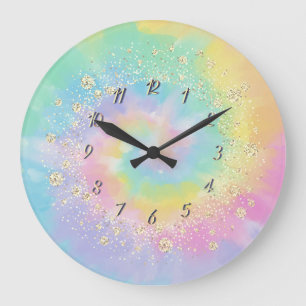 Grande Horloge Ronde Elégant Confetti Rainbow Tie Dye