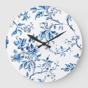 Grande Horloge Ronde Elegant Delft Blue et White Floral