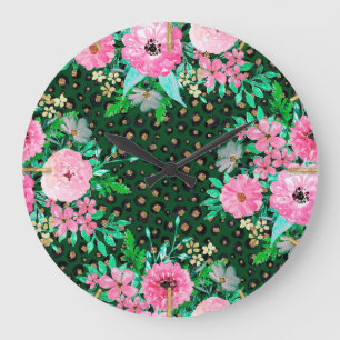 Grande Horloge Ronde Elégant Empreinte de léopard et rose Floral Desi