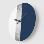 Grande Horloge Ronde élégant faux argent, bleu marine, rayures blanches (Angle)