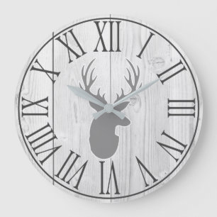 Grande Horloge Ronde Élégant Faux Russe Bois blanc et Cerf gris
