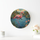 Grande Horloge Ronde Élégant flamant rose rétro boho (Maison)
