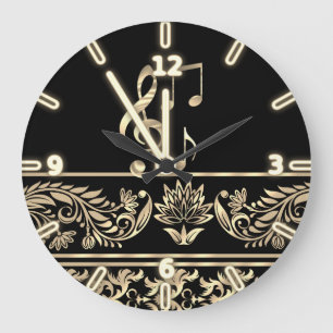 Grande Horloge Ronde Élégant floral doré, clé de violon, note