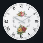 Grande Horloge Ronde Elegant French Vintage Roses with Filigree Frame<br><div class="desc">Beautifully understated French inspecred design featuring etched gray frame with sprays of pink,  red and yellow roses and roman numeral letters. Fond transparent.</div>