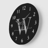 Grande Horloge Ronde Élégant Moderne Nom en Gris Noir avec Monogramme S (Angle)