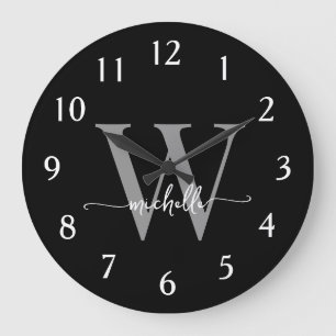 Grande Horloge Ronde Élégant Moderne Nom Monogramme Gris Noir Script