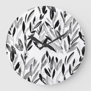 Grande Horloge Ronde Élégant monochrome : Motif Feuille naturel
