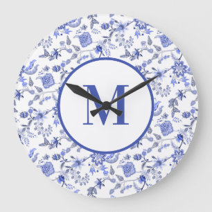 Grande Horloge Ronde Élégant monogramme floral bleu poussiéreux vintage