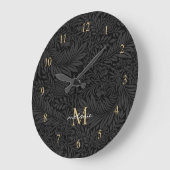 Grande Horloge Ronde Élégant Monogramme Floral Or Noir (Angle)