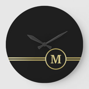Grande Horloge Ronde Élégant monogramme personnalisé or sur fond noir 