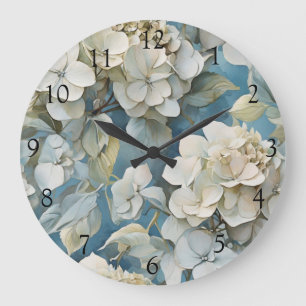 Grande Horloge Ronde Elégant moody bleu poussiéreux flores d'aquarelle