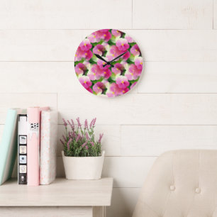 Grande Horloge Ronde Élégant Motif à fleurs rose et blanc Impatiens