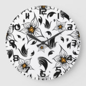 Grande Horloge Ronde Élégant motif floral noir et blanc (Recto)