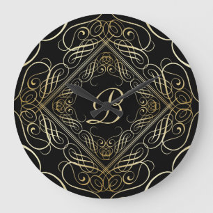 Grande Horloge Ronde Élégant or Foil Look Scrollwork Script sur noir