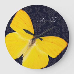 Grande Horloge Ronde Elégant Papillon jaune Noir Damas Ajouter un nom