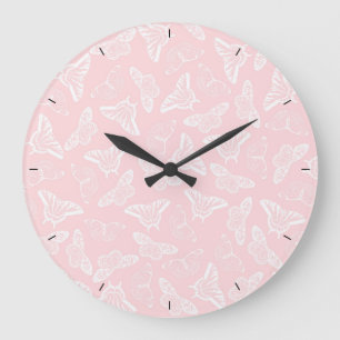 Grande Horloge Ronde Elégant Papillons blancs Design rose