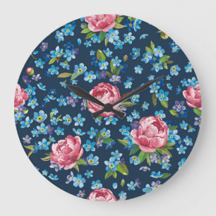 Grande Horloge Ronde Élégant Pink Peonies Arrière - plan rétro