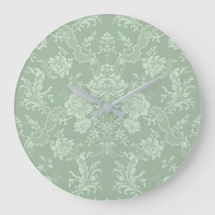 Grande Horloge Ronde Élégant Romantique Chic Floral Damask-Sage Vert