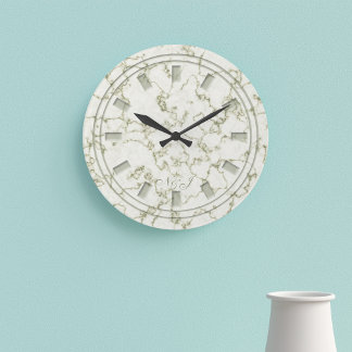 Grande Horloge Ronde Elégant Sage Green Faux Marble Monogramme