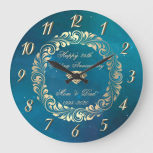 Grande Horloge Ronde Elegant Swirls Bleu 25e Anniversaire de Mariage 