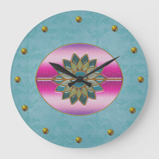 Grande Horloge Ronde Elegant Turquoise & Pink Art Deco Wall Clock