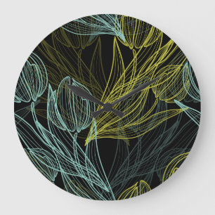 Grande Horloge Ronde Élégant vert, bleu tulips motif