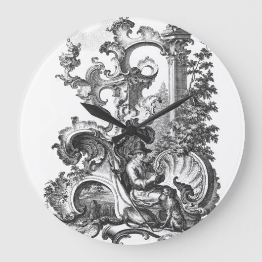 Grande Horloge Ronde Elegant Vintage French Black and White Toile (Recto)