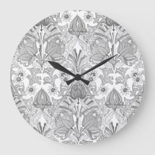 Grande Horloge Ronde Élégant Vintage gris blanc Fleurs Motif