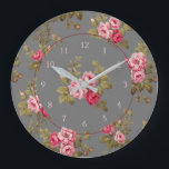 Grande Horloge Ronde Elegant Vintage Roses on Gray Background<br><div class="desc">Gorgeous sprays of elegant romantic rose rose et lush green foliage on dark gray background with optional center floral graphic. Pattern is seamless and can be resized up or down using the scale and - buttons in the design tool. Round element and numbers are editable.</div>