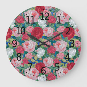 Grande Horloge Ronde Elégante aquarelle victorienne rose et rouge 