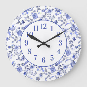 Grande Horloge Ronde Élégante Feminine Vintage Dusty Blue Floral