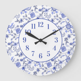 Grande Horloge Ronde Élégante Feminine Vintage Dusty Blue Floral