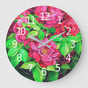 Grande Horloge Ronde Élégante Fleurs Florales Roses Acryliques  