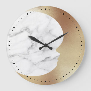 Grande Horloge Ronde Élégante lune de croissant d'or de Marbre blanc 