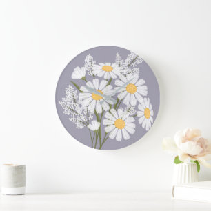 Grande Horloge Ronde Élégante marguerite florale blanche sur la lavan
