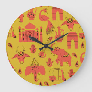 Grande Horloge Ronde Éléments Indiens, Main Tirée Vintage.